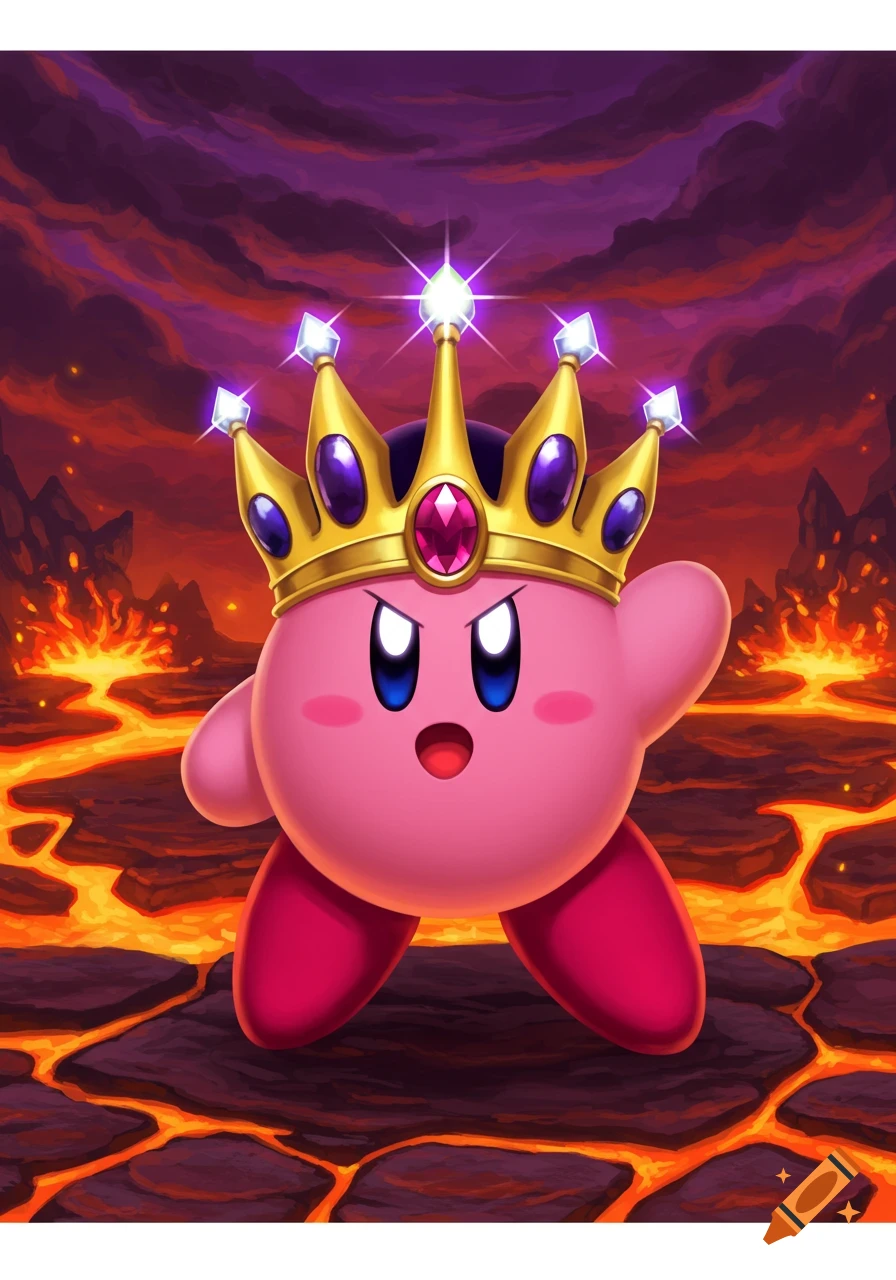 Angry Kirby wearing a golden spiked crown with jewels stands on lava-filled ground under a dark, stormy sky.