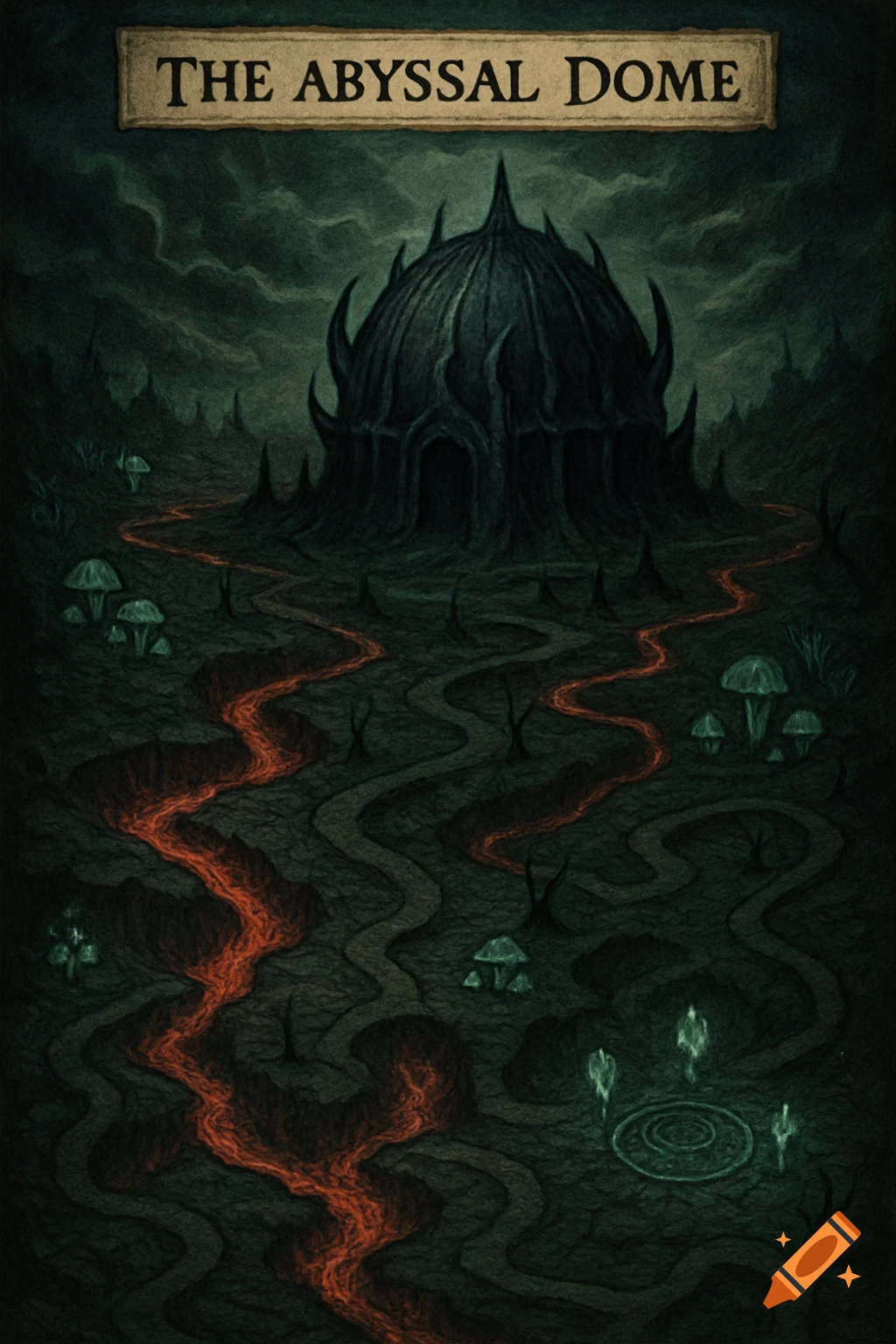 Dark fantasy map of 'The Abyssal Dome' with a black spiky dome, winding orange lava rivers, paths, and glowing mushrooms.