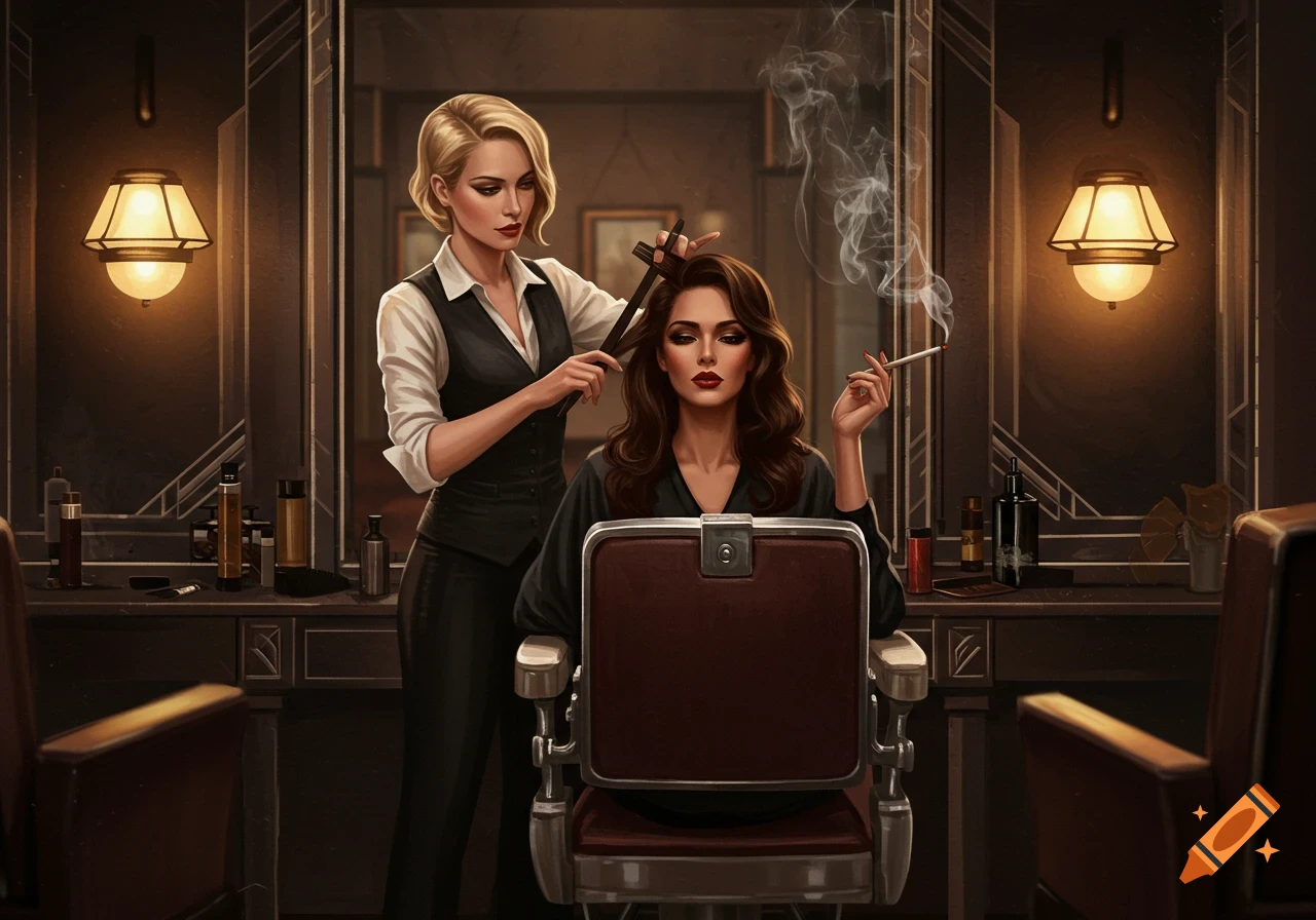 A blonde hairdresser styles a brown-haired woman's hair in an Art Deco salon. The woman is smoking a cigarette. Digital painting.
