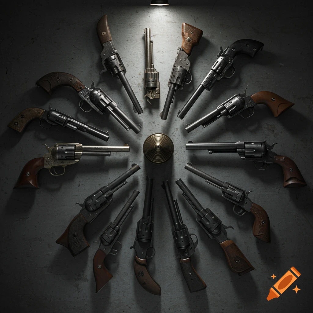 A top-down view of fifteen vintage revolvers arranged in a circular pattern on a dark, textured surface under a spotlight.