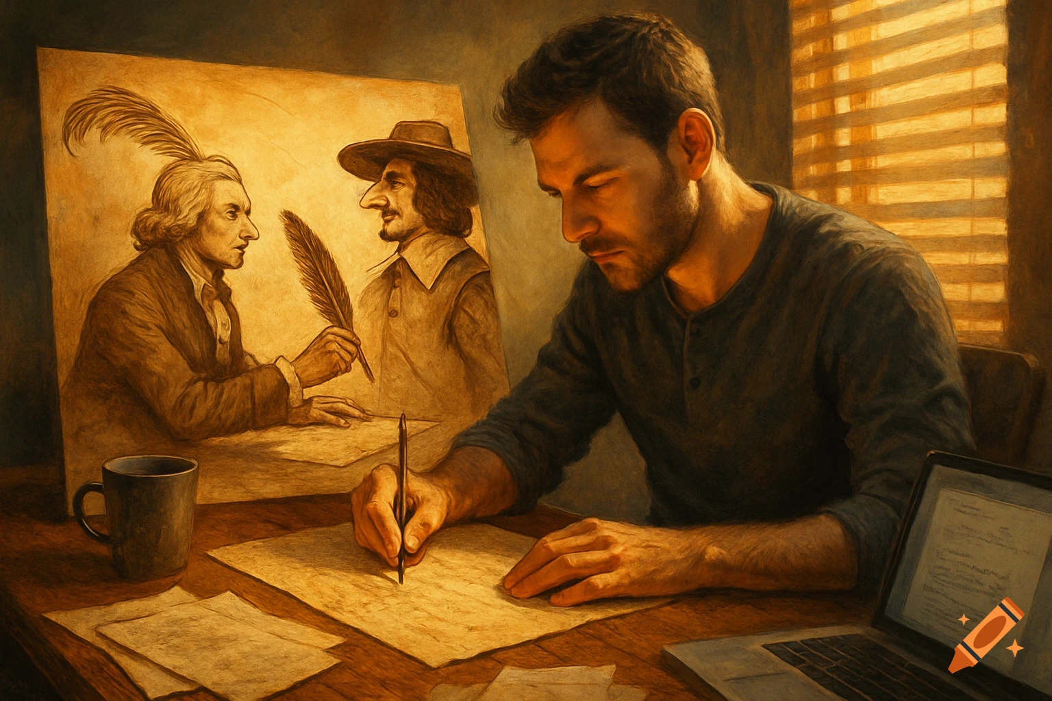 A man in a modern setting writes on paper at a desk, illuminated by warm light, with a laptop nearby. Behind him is a painting of two historical figures, one holding a feather quill.