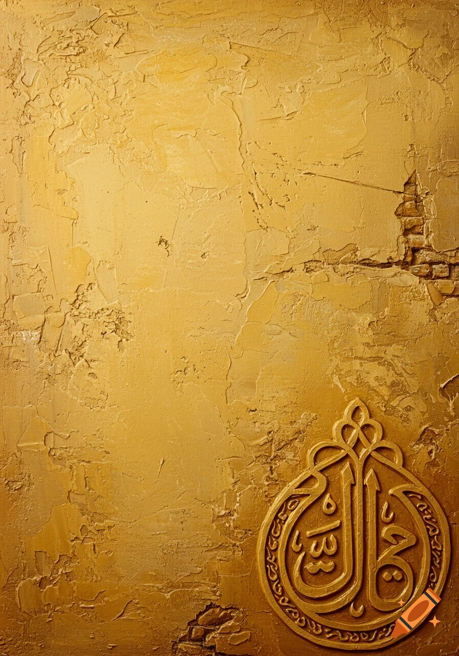Textured golden-yellow wall with crumbling plaster and a circular, raised gold Arabic calligraphy design.