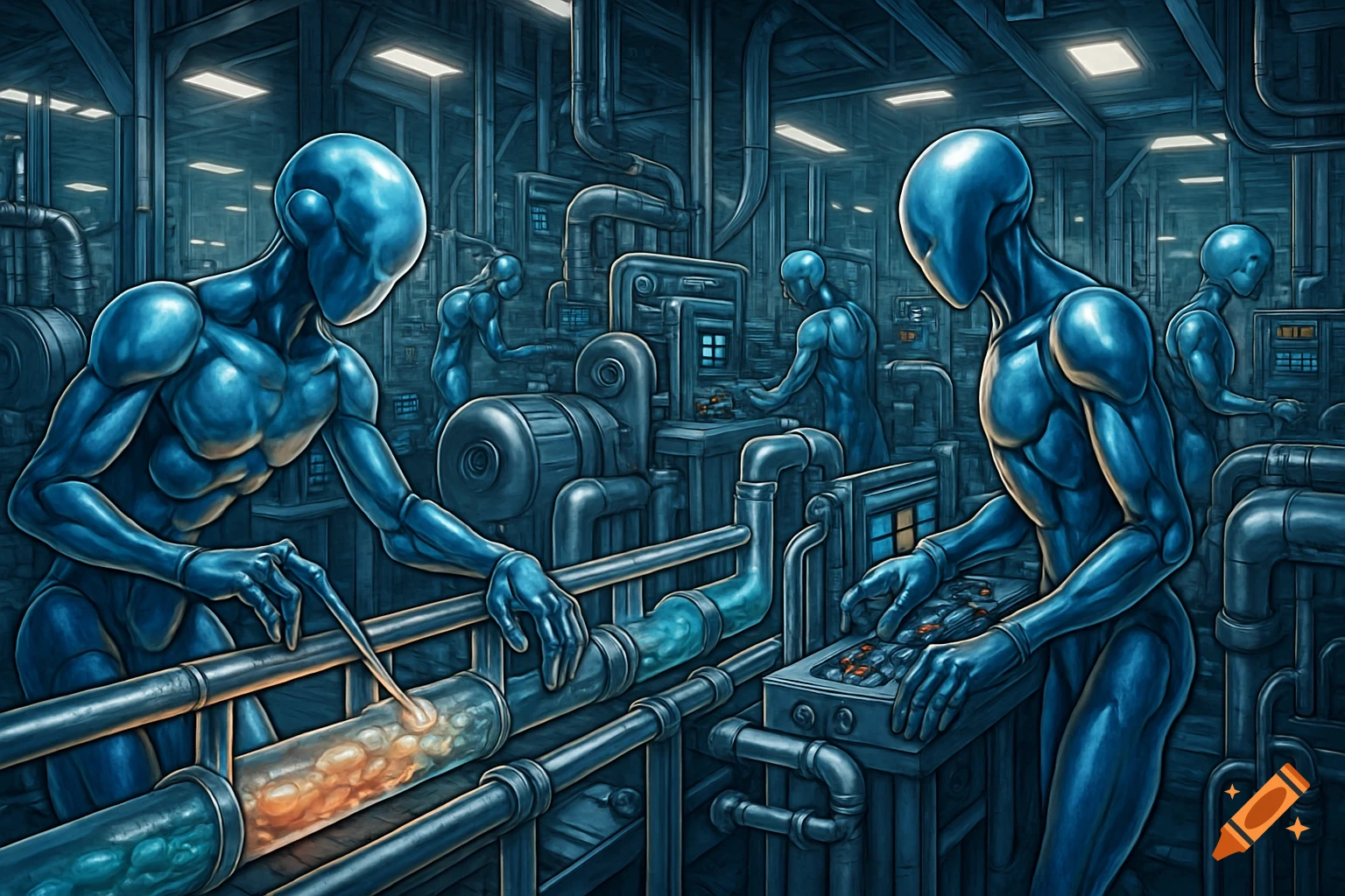 Blue humanoid figures resembling robots work in a dark, intricate sci-fi factory, manipulating pipes and controls with glowing substances.
