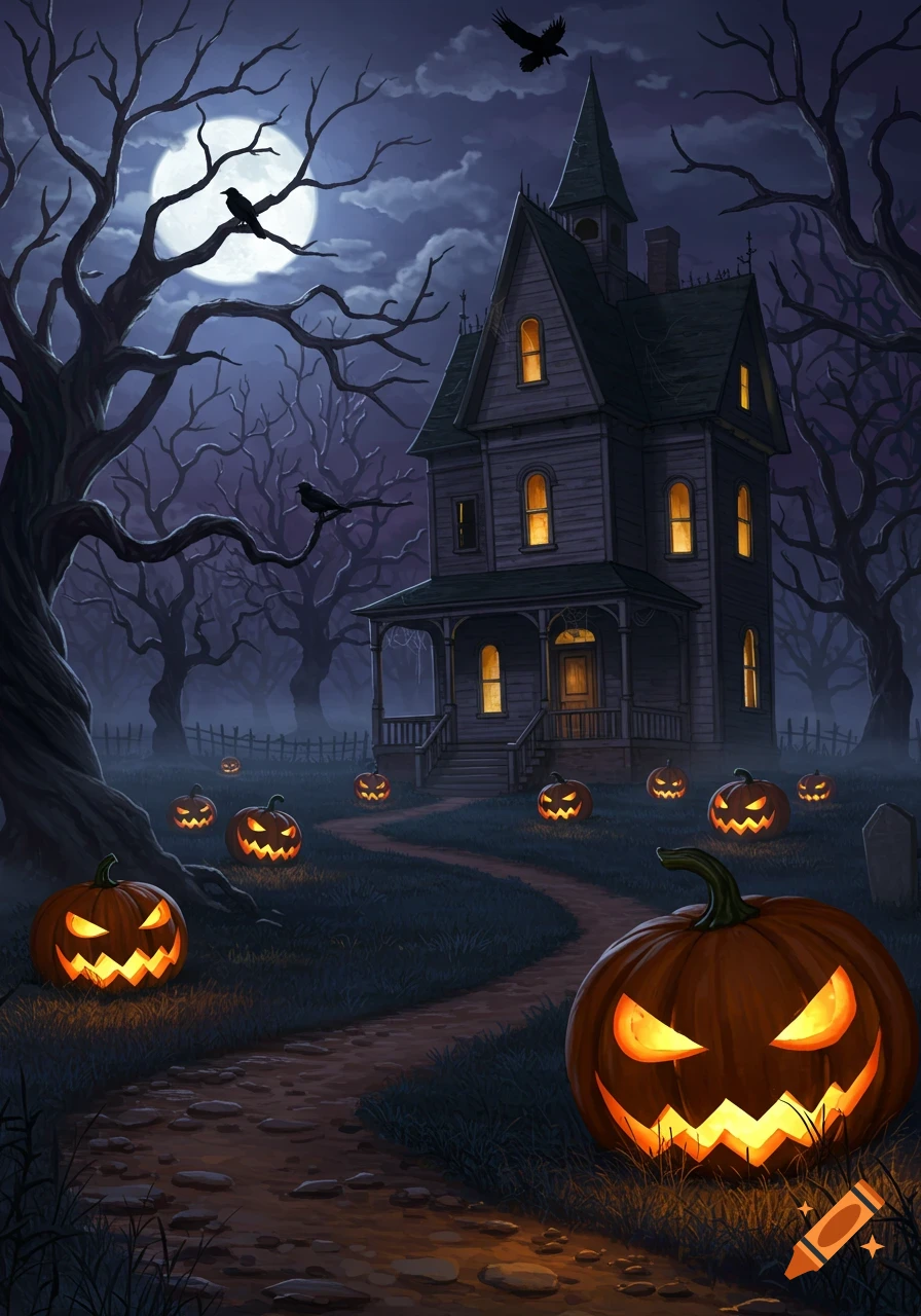 A spooky night illustration of a haunted house under a full moon, with glowing jack-o'-lanterns lighting a winding path.