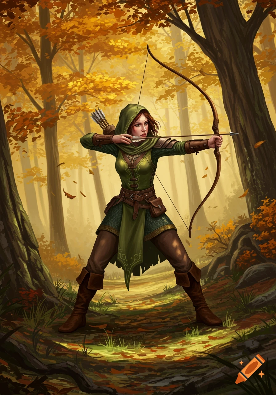 A medieval woman in a green hooded tunic draws a bow and arrow, standing in a vibrant autumn forest, fantasy art.