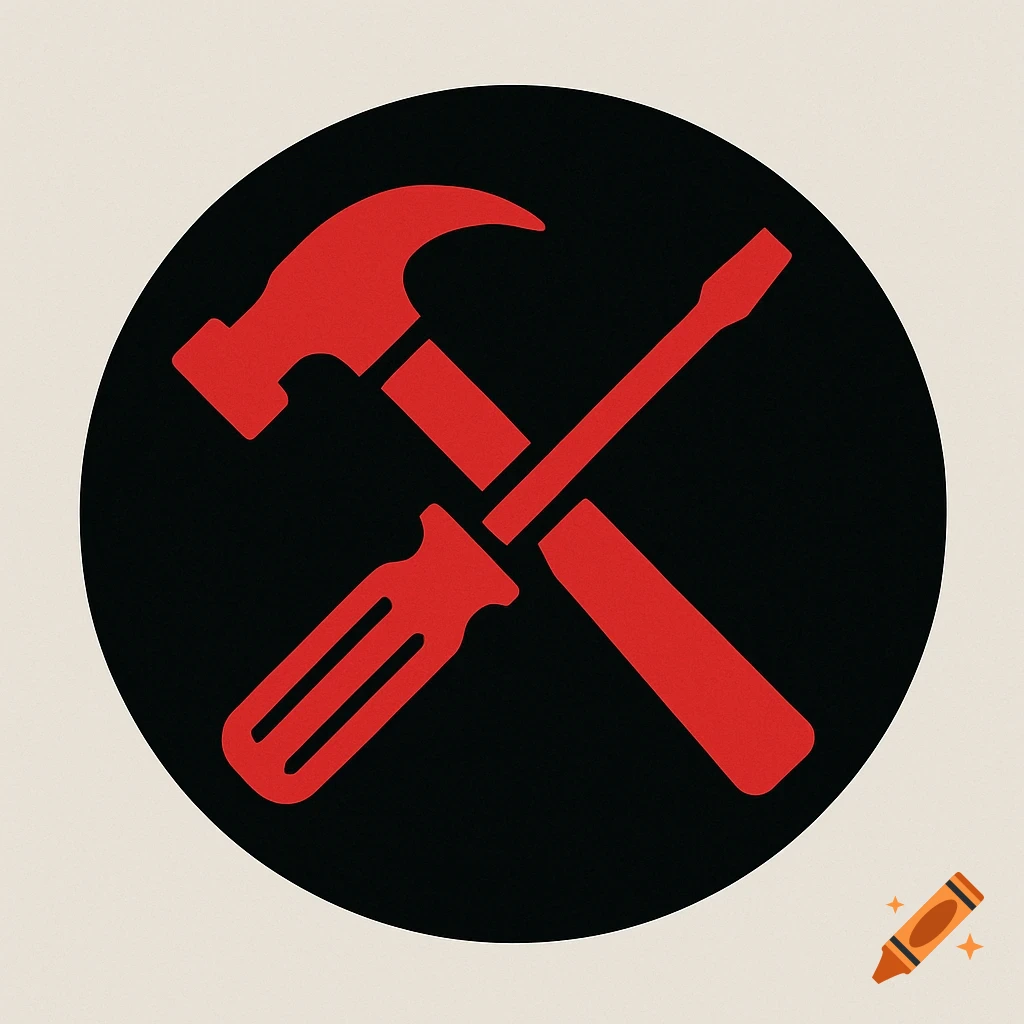 A red hammer and screwdriver crossed inside a black circle on a light background, an emblem design.