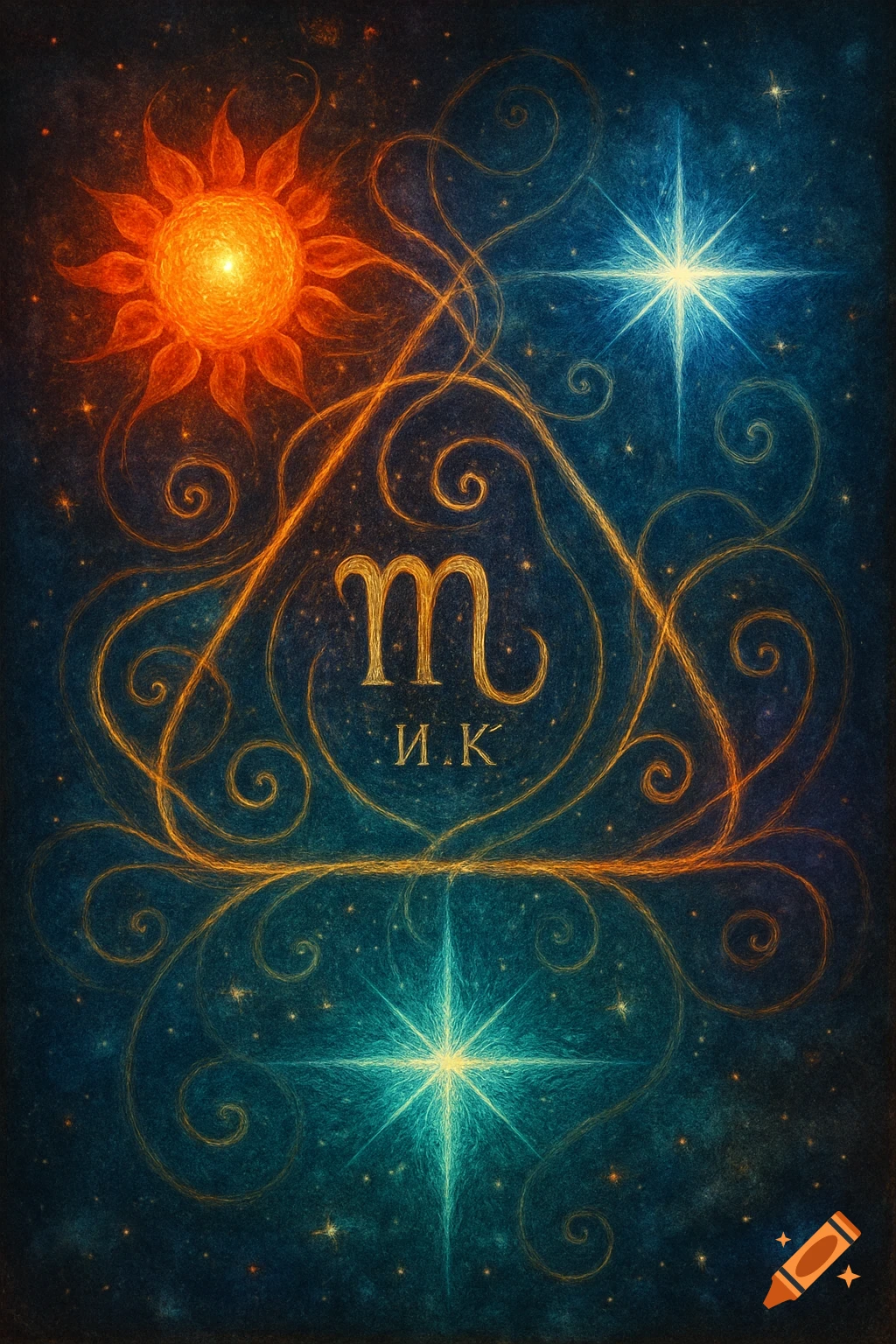 A mystical mandala with an orange sun, blue stars, and swirling lines on a starry background, centered with a stylized scorpion symbol and "И.К".