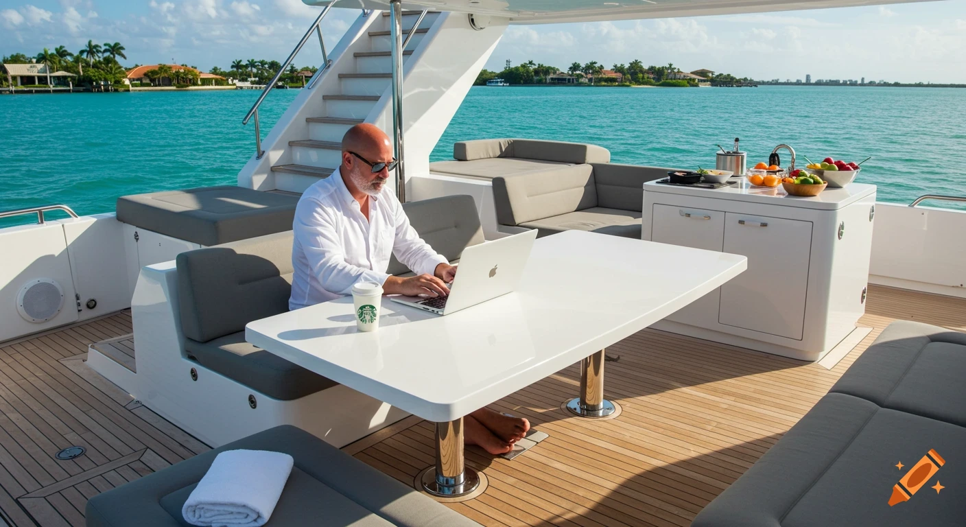A man works on an Apple laptop at a white table on a luxury yacht, with a Starbucks cup, calm turquoise water, houses, and palm trees in the background.