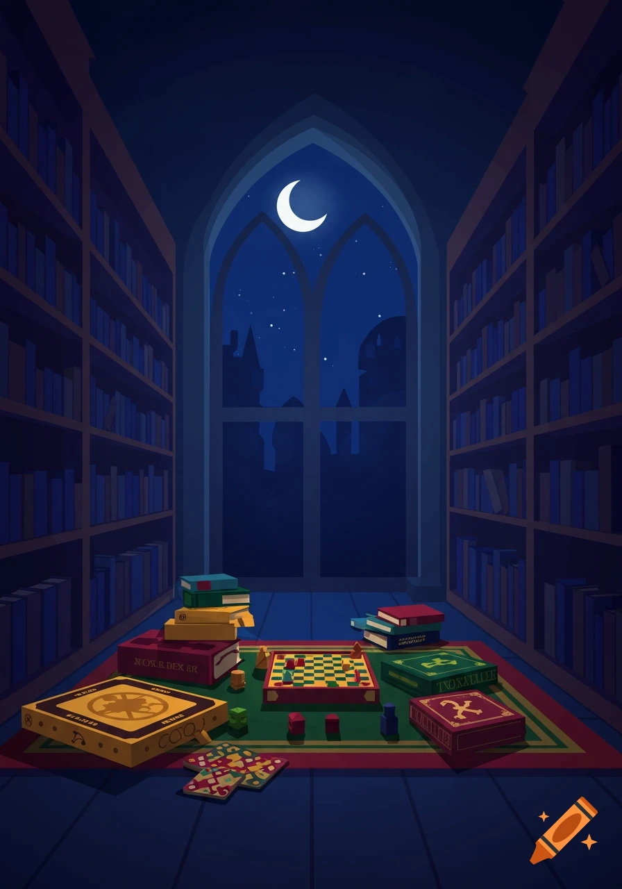Stylized illustration of a castle library at night with books, board games, a chessboard, and a crescent moon visible through a gothic window.