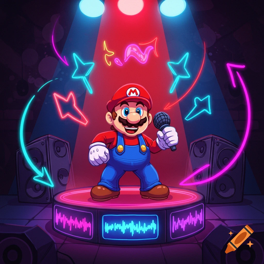 Cartoon Mario on a neon-lit stage, holding a microphone, surrounded by glowing musical notes and sound waves.