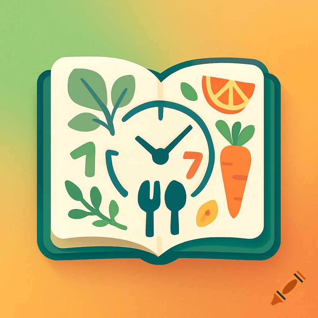 A stylized animated icon of an open book featuring a clock, fork, spoon, and healthy food items like spinach, orange slice, and carrot, on a green-orange gradient.