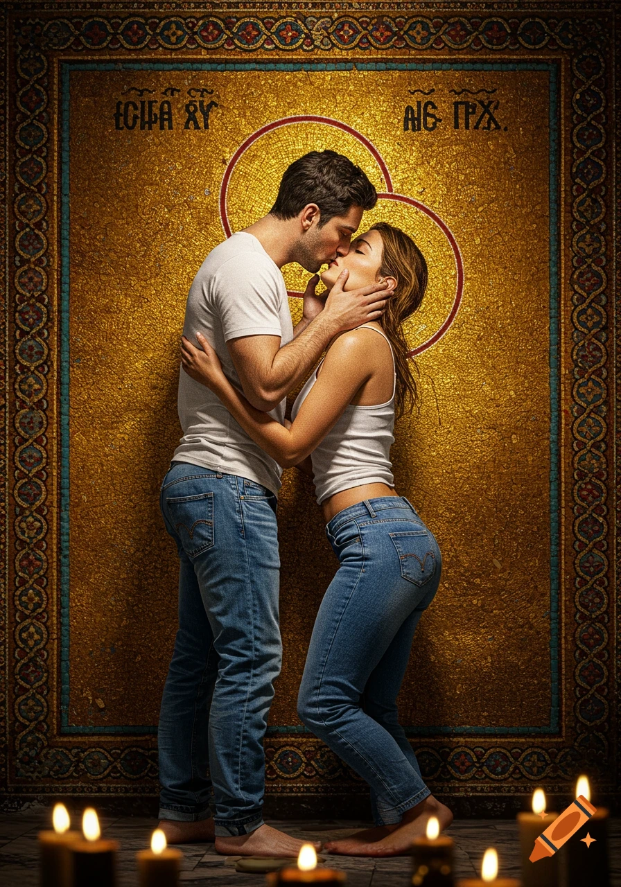 A couple kisses in front of a golden Byzantine-style mosaic, with lit candles in the foreground.