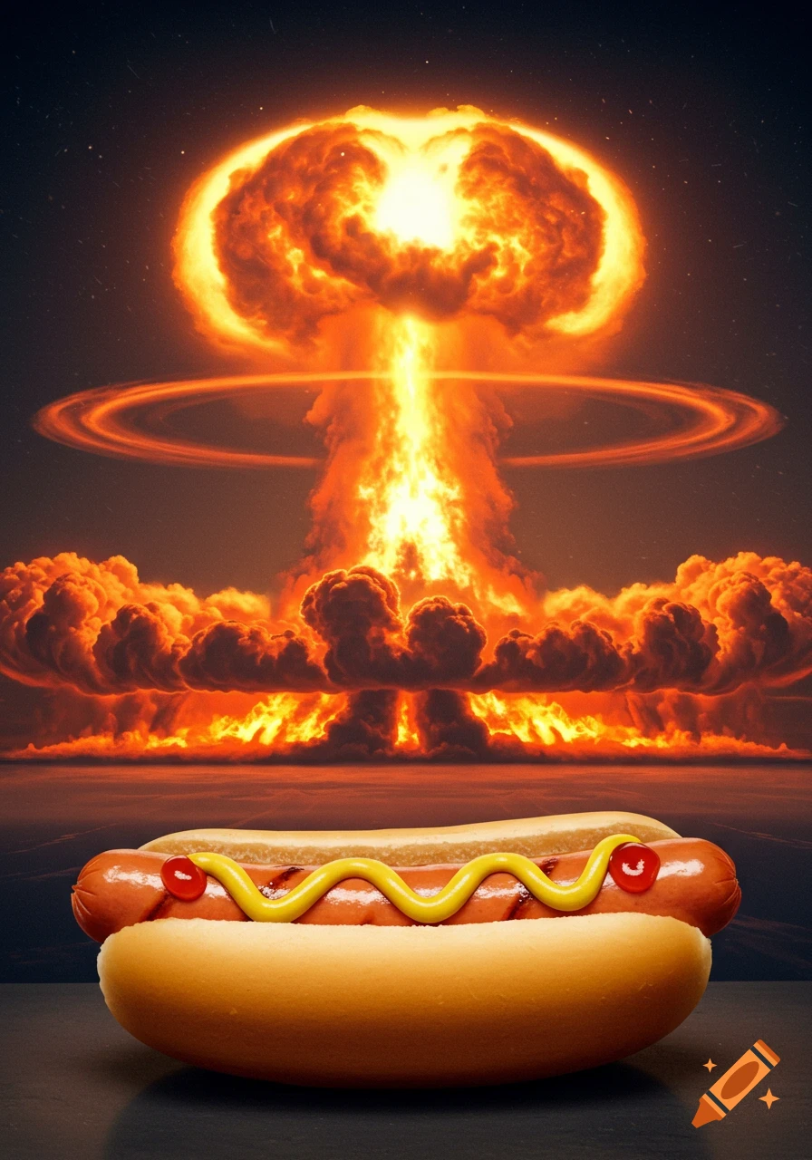A hotdog with mustard and ketchup in the foreground, with a dramatic nuclear explosion behind it.