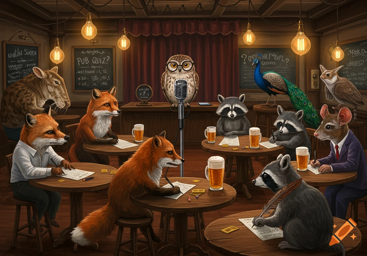 Anthropomorphic animals like foxes, raccoons, and a rat participate in a pub quiz, writing at wooden tables with beers in a dimly lit pub.