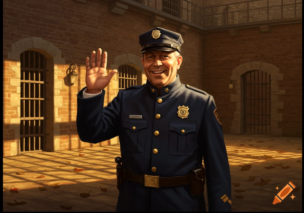 An illustrated smiling prison guard in a dark blue uniform waves from a brick prison courtyard with barred windows.
