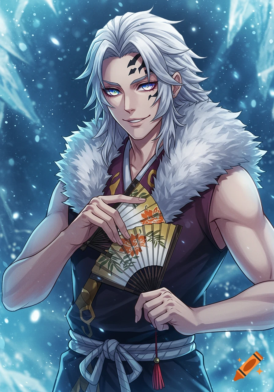 Anime portrait of Douma with silver-white hair, rainbow eyes, holding decorative fans in an icy, snowy background.