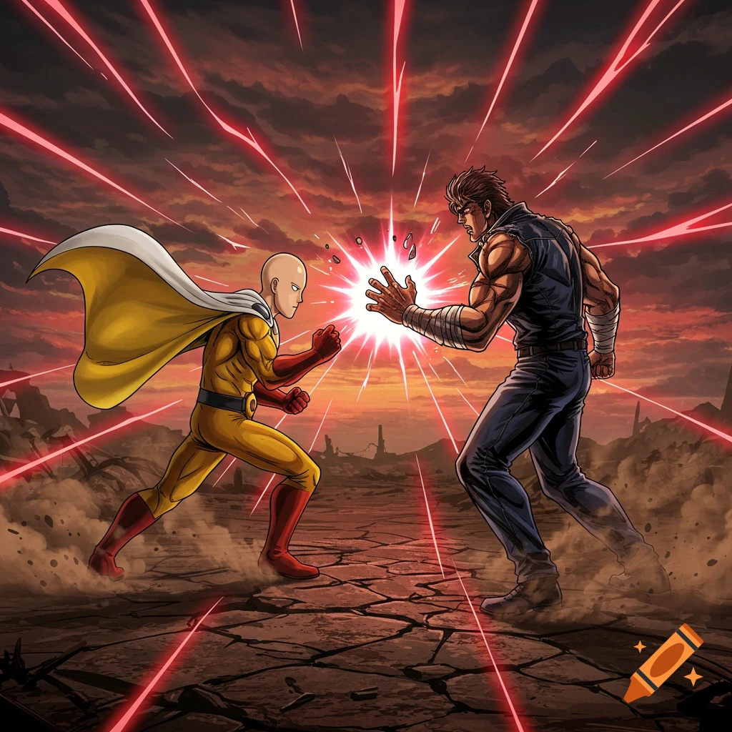 One-Punch Man and Kenshiro from Fist of the North Star face off with glowing energy between their fists in a desolate, fiery landscape, anime style.