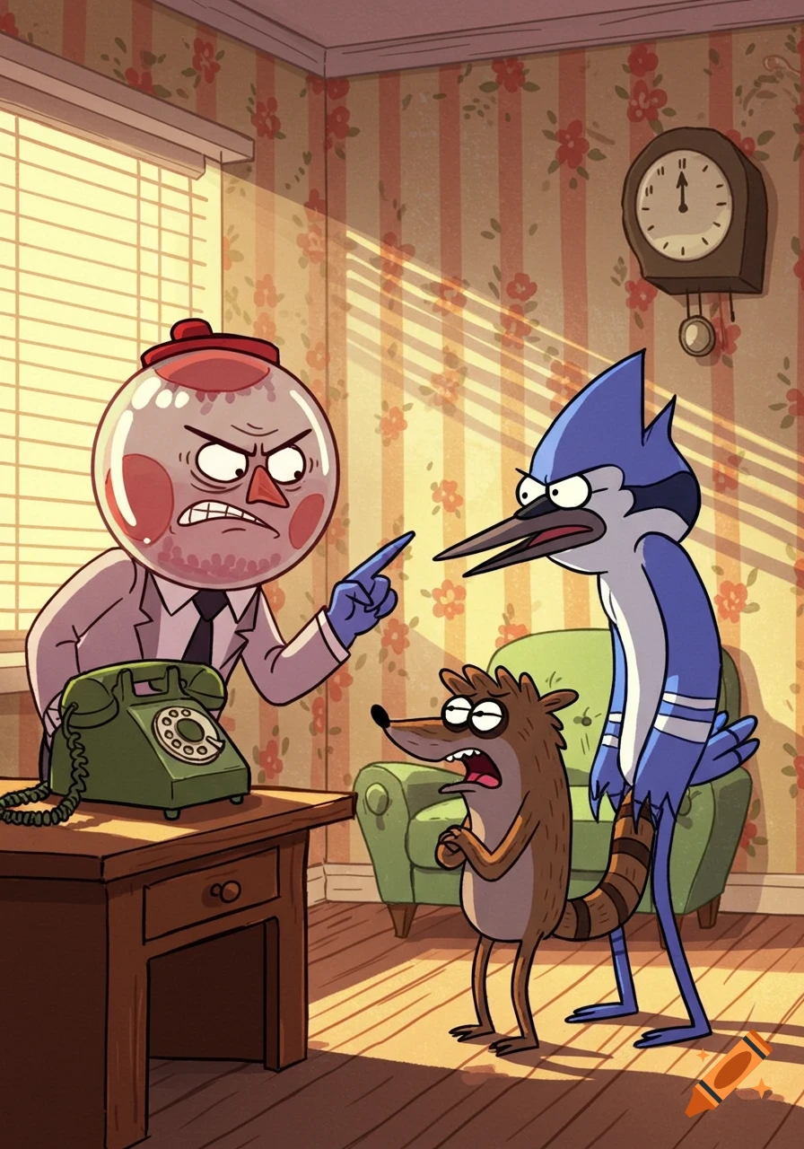 Cartoon characters Benson, Rigby, and Mordecai in a room. Benson angrily points at Rigby near a phone while Mordecai watches.