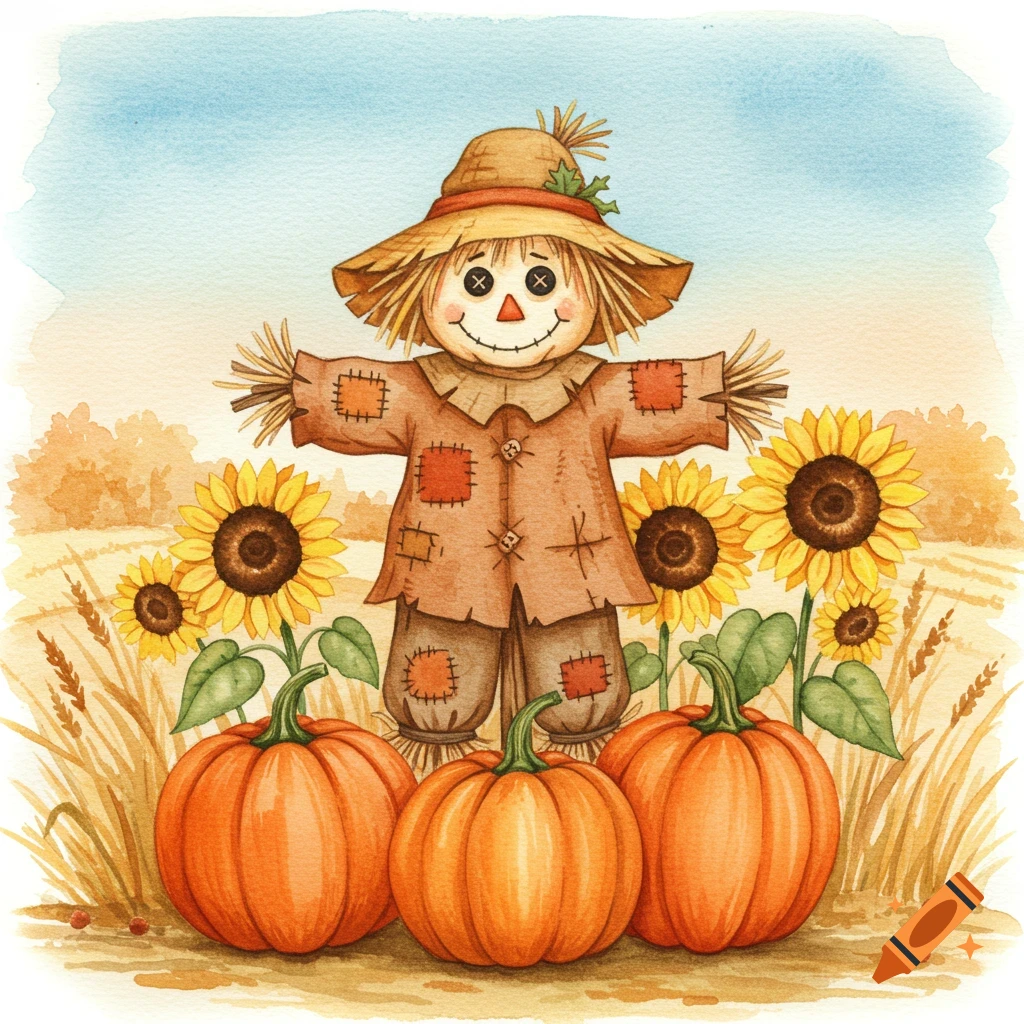 A cute watercolor illustration of a scarecrow wearing a straw hat, surrounded by bright orange pumpkins and vibrant sunflowers in an autumn field.