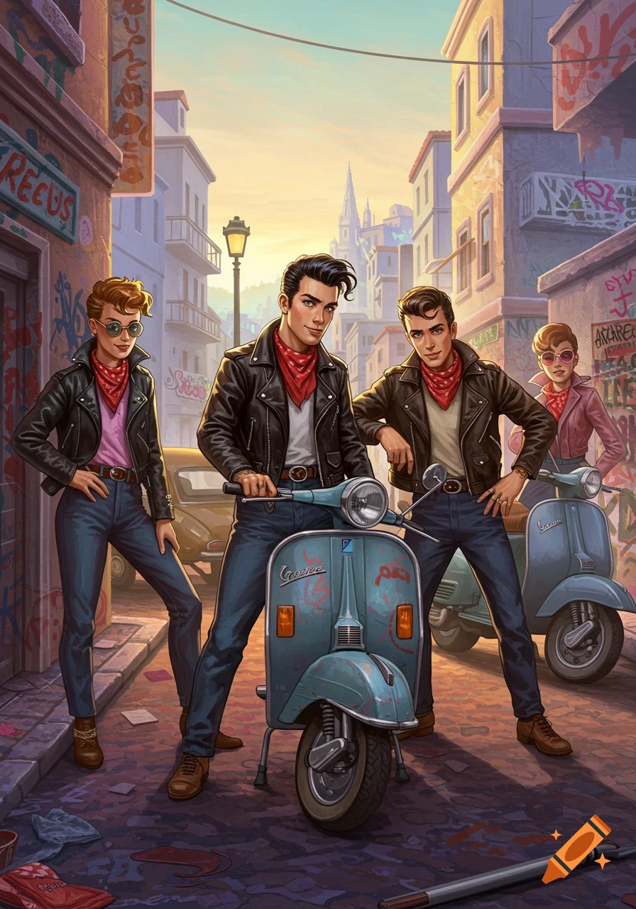Four greaser-style individuals, three men and one woman, with scooters in a stylized urban alleyway at sunset.