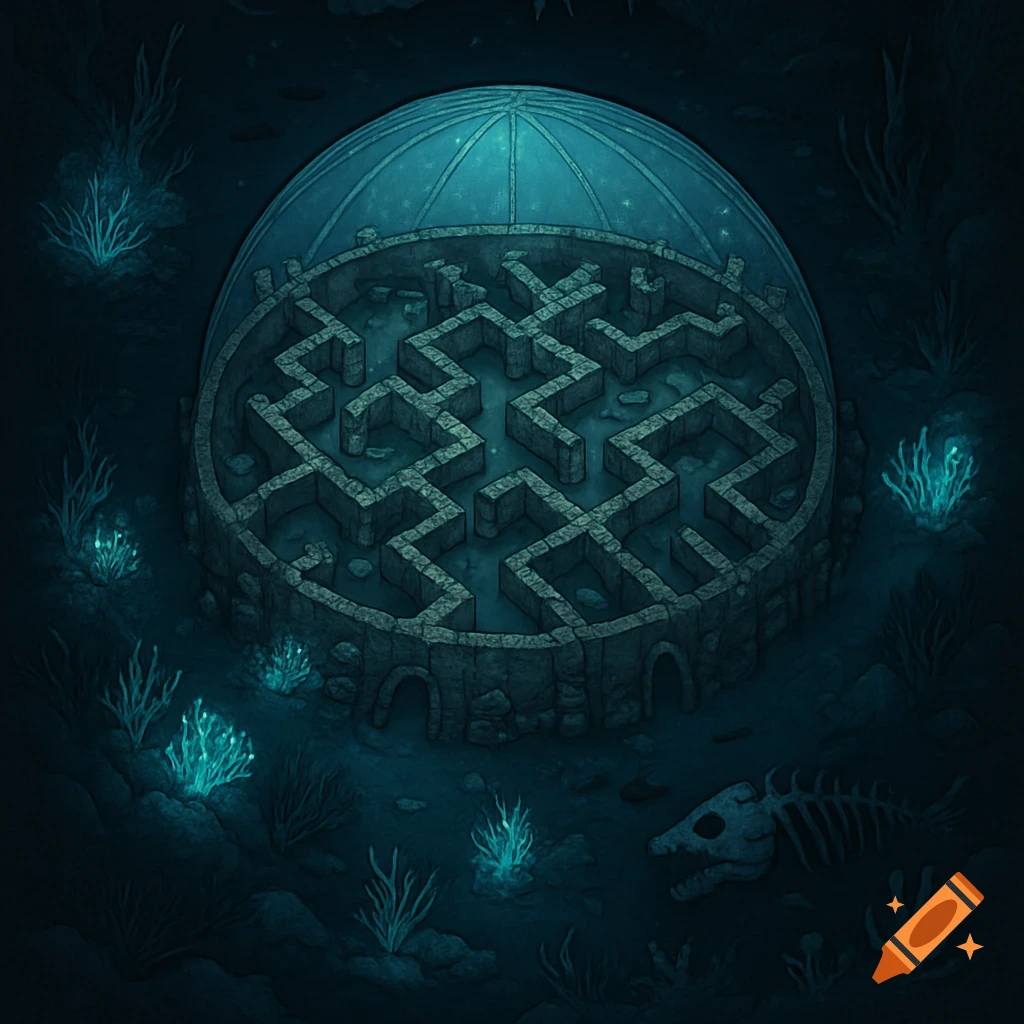 An isometric view of an underwater circular stone maze inside a glass dome, surrounded by glowing bioluminescent plants and a fish skeleton on the dark seafloor.