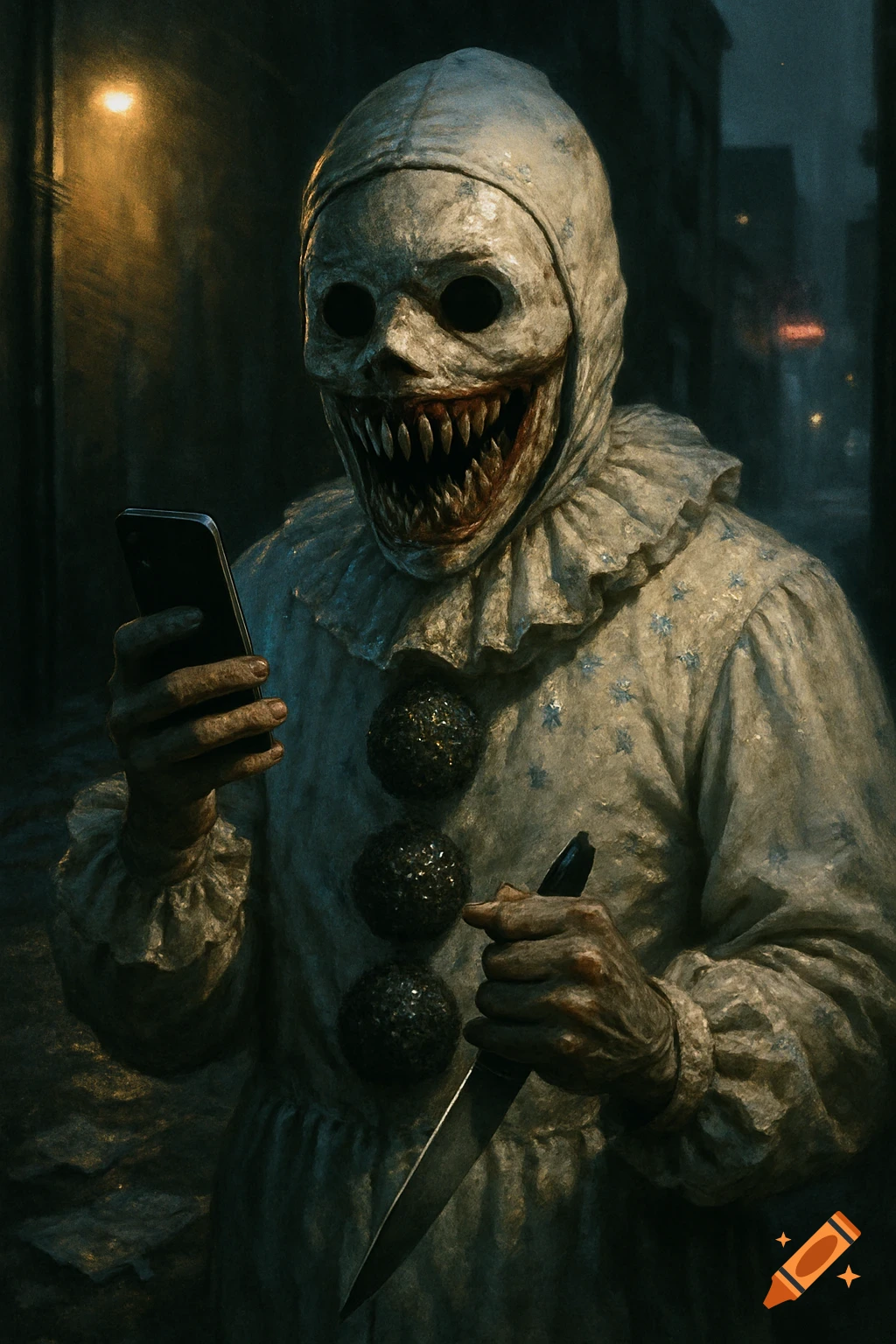 A terrifying, sharp-toothed clown in a white costume holds a smartphone and a knife in a dark, gritty alley.