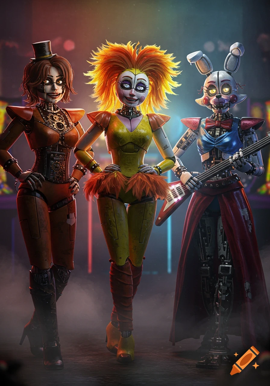 Three stylized animatronic female figures, one holding a red guitar, stand in a dark, lit room.