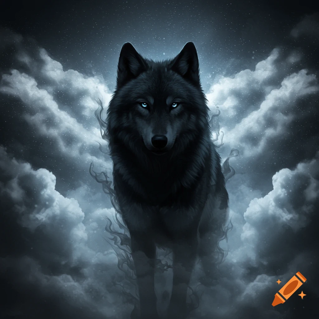 A black wolf with glowing blue eyes stares forward, emerging from dark, swirling clouds.