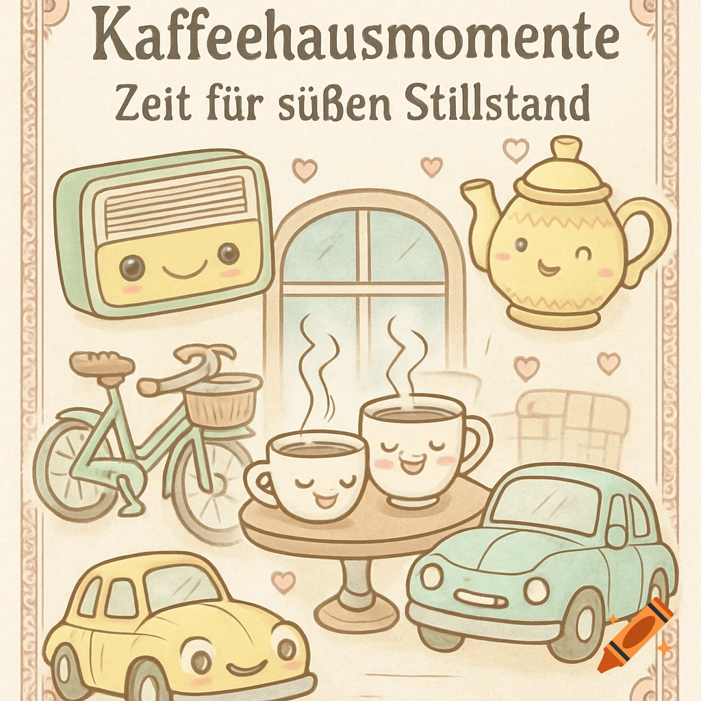 Kawaii-style illustration with smiling vintage objects like a radio, bicycle, old cars, teapot, and coffee cups. German text 'Kaffeehausmomente Zeit für süßen Stillstand' is at the top. The image has a decorative border.
