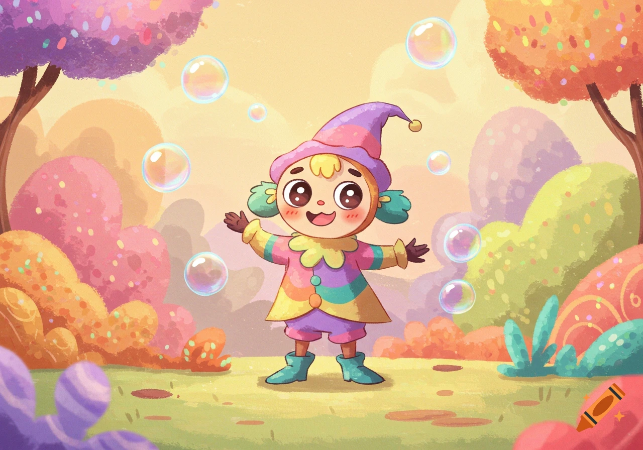 A brightly colored cartoon character in a jester-like hat and outfit, smiling amidst floating bubbles in a whimsical, pastel-colored landscape.
