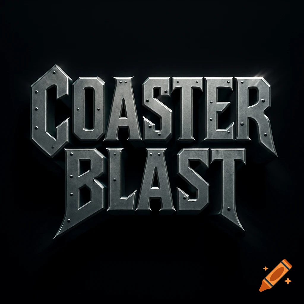 A heavy metal band logo for "COASTER BLAST" in 3D chrome steel letters with brushed texture and rivets on a black background.