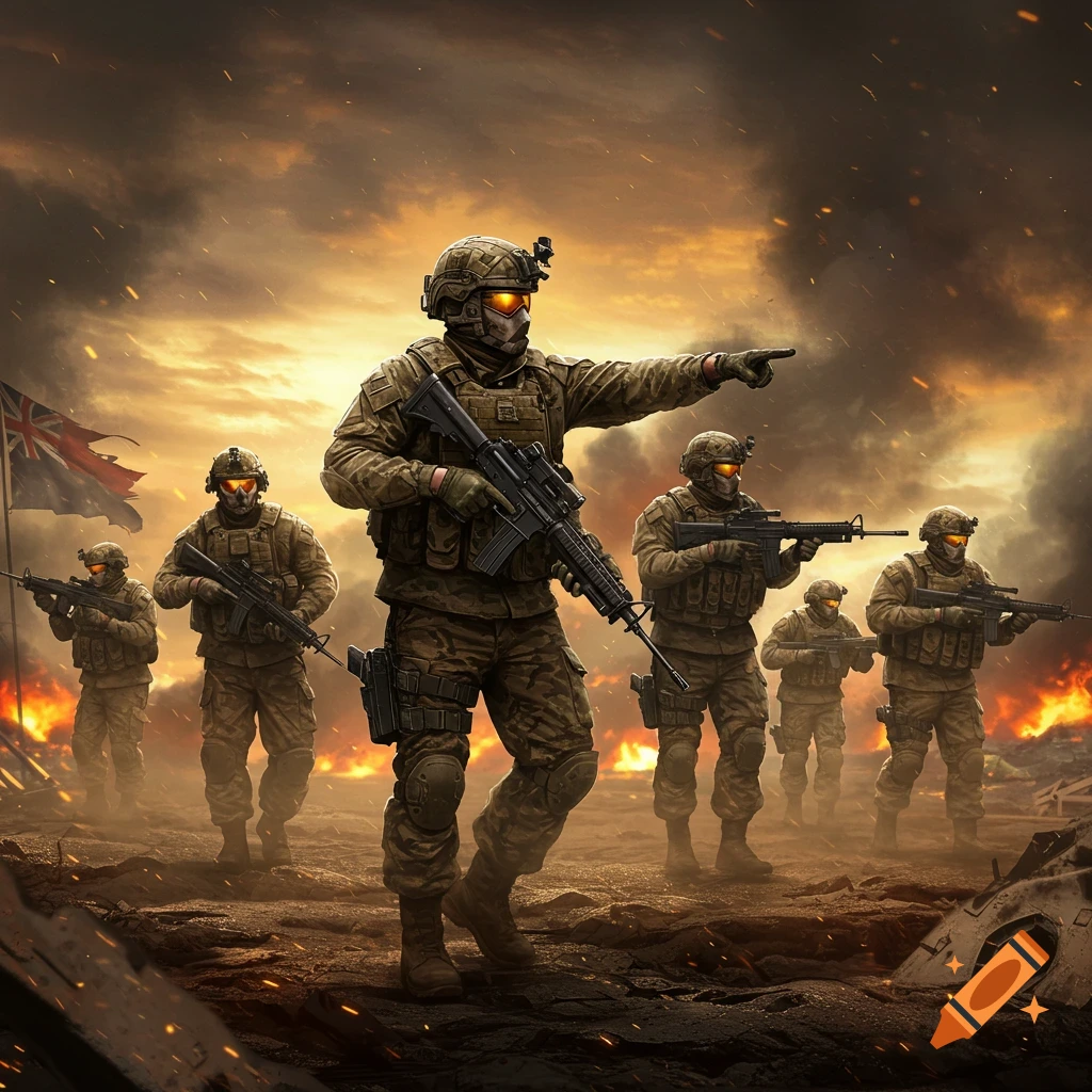 Photorealistic image of soldiers on a burning battlefield, one pointing forward, under a smoke-filled, fiery sky.