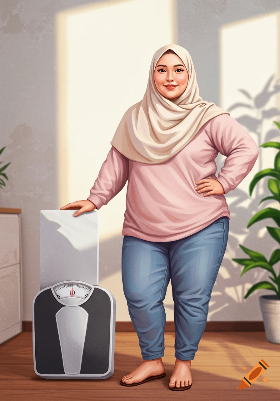 An illustration of an overweight woman in a hijab, pink top, and blue jeans, smiling while standing barefoot next to a weight scale.
