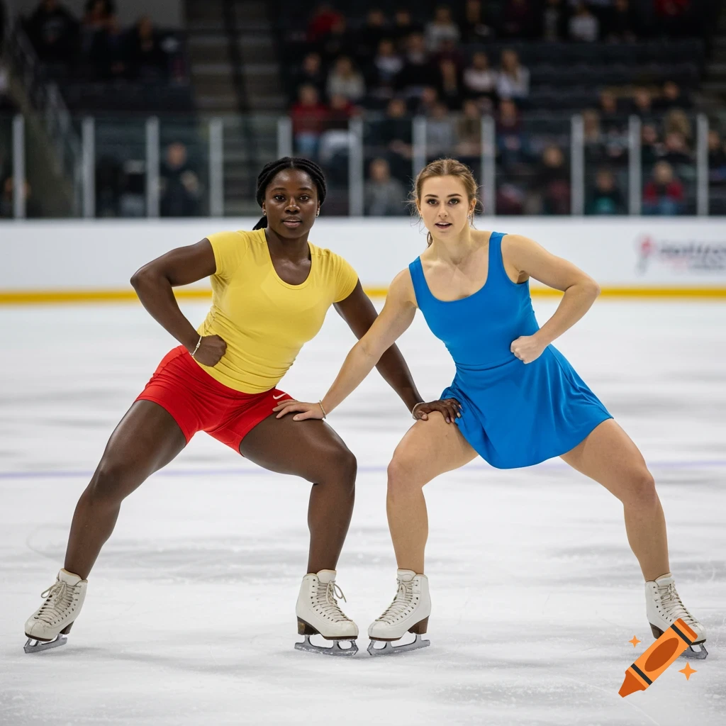 Two female ice skaters in athletic attire, one in yellow and red, the other in blue, pose dynamically on an ice rink.