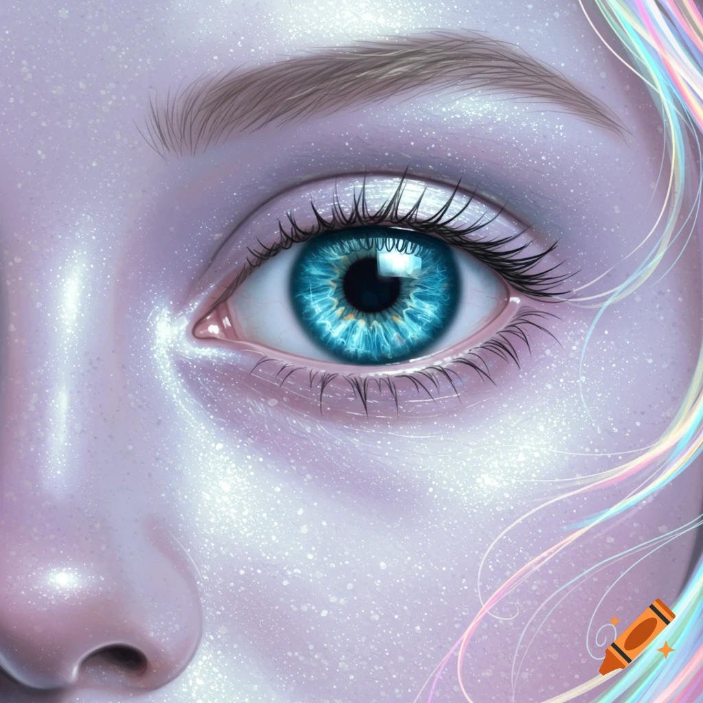 Close-up of a vibrant blue eye and part of a face with sparkling, iridescent skin and flowing rainbow wisps.