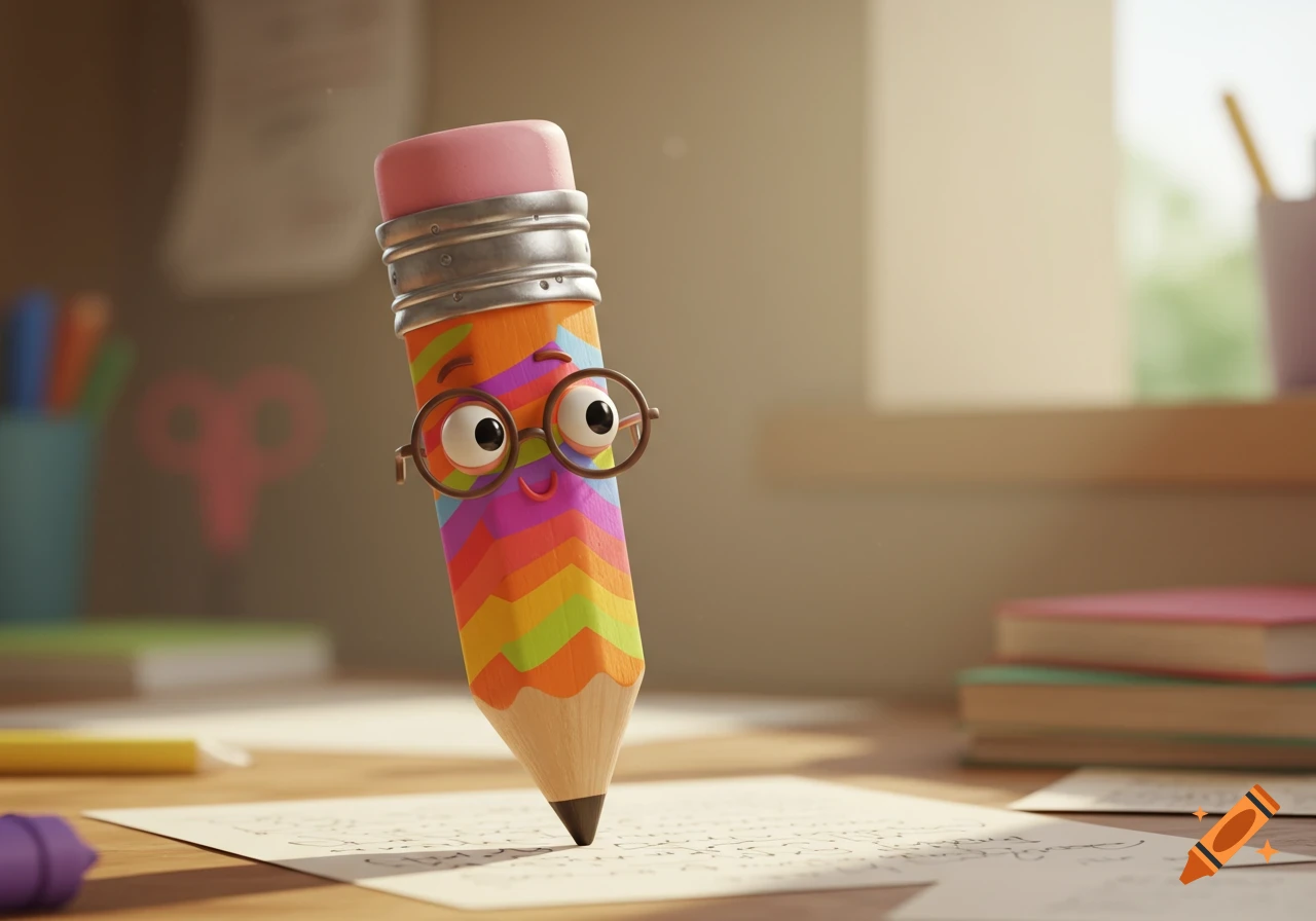 A whimsical, colorful cartoon pencil with googly eyes and glasses stands on a paper on a desk.