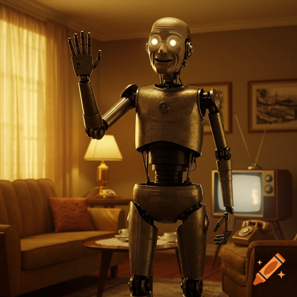A photorealistic old-fashioned robot waves its hand in a retro living room, with glowing eyes.