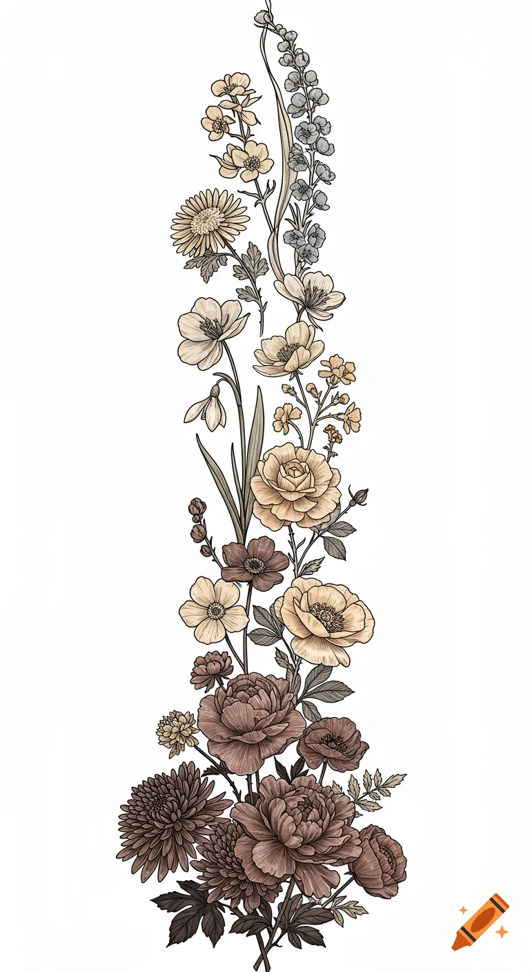 A long, vertical floral arrangement in a tattoo stencil style with light and dark brown flowers and gray-blue foliage, on a white background.