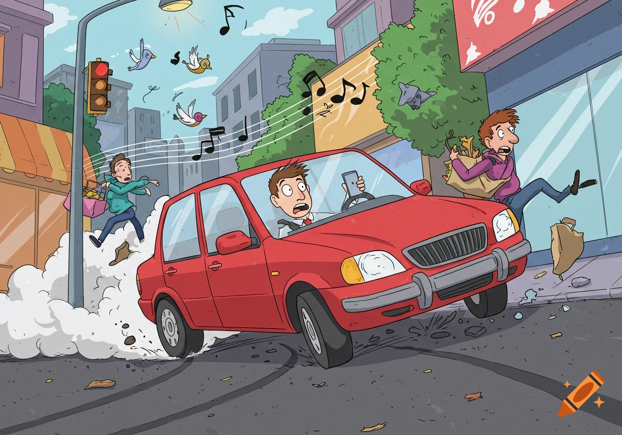 Cartoon of a distracted driver looking at his phone, causing a near-accident in a busy city street, scattering pedestrians.