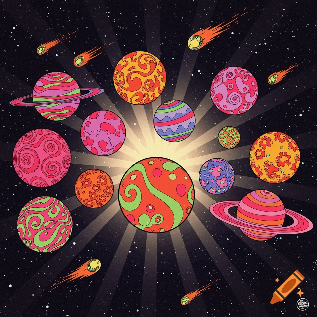 A psychedelic illustration of numerous colorful, patterned planets and comets radiating from a bright sun-like center in a starry dark space, in a funky 70s style.