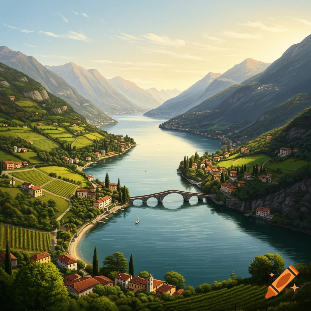 An idyllic view of a large blue lake winding through green valleys, surrounded by mountains, small villages, vineyards, and a stone arch bridge.