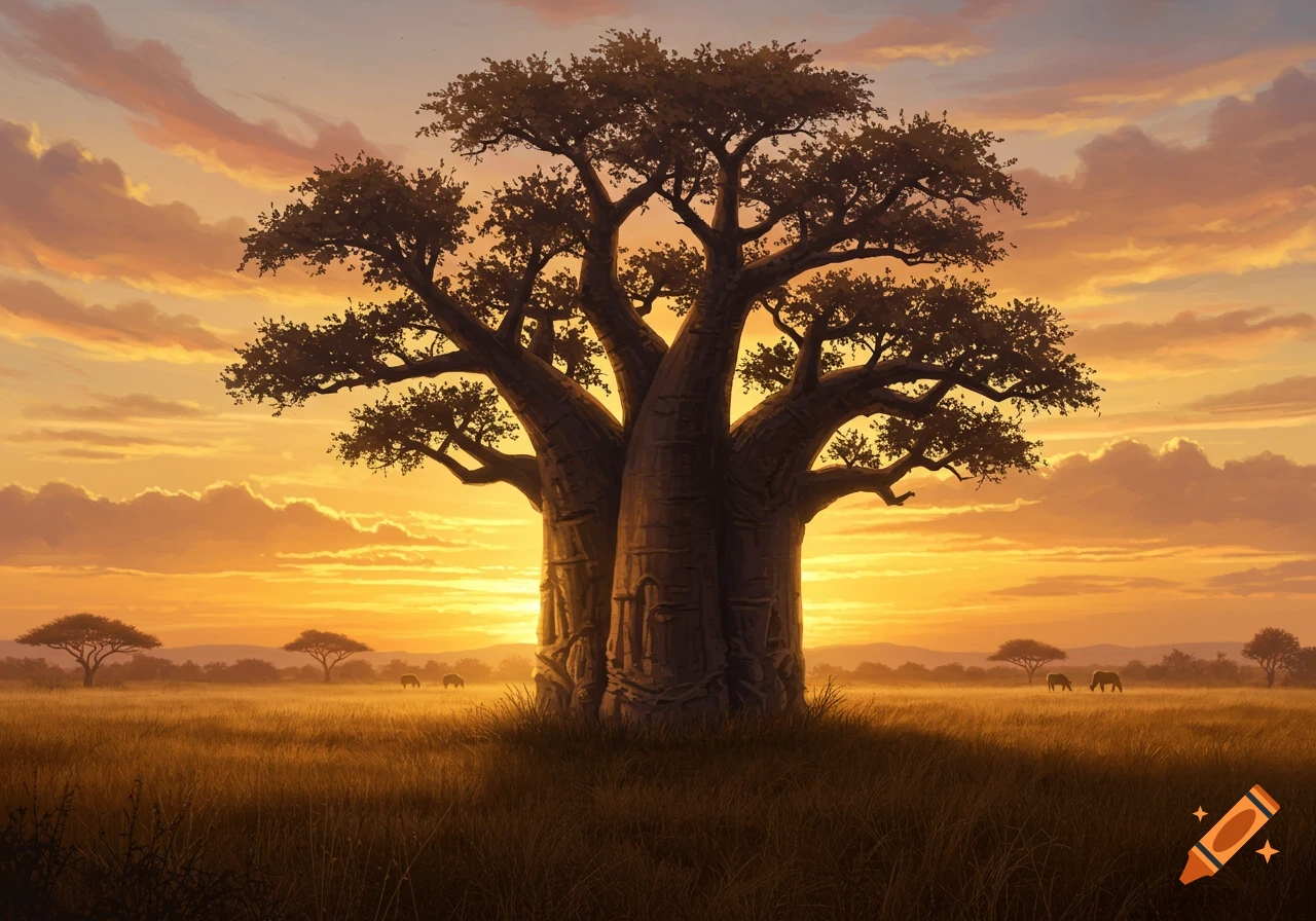 A majestic baobab tree stands silhouetted against a vibrant orange and yellow sunset in an African savanna, with distant acacia trees and grazing animals.