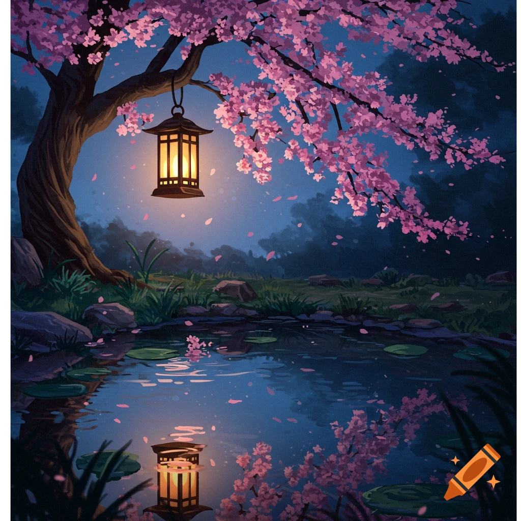 Illustrative painting of a lit lantern hanging from a cherry tree with pink blossoms over a calm pond at night, with petals falling.