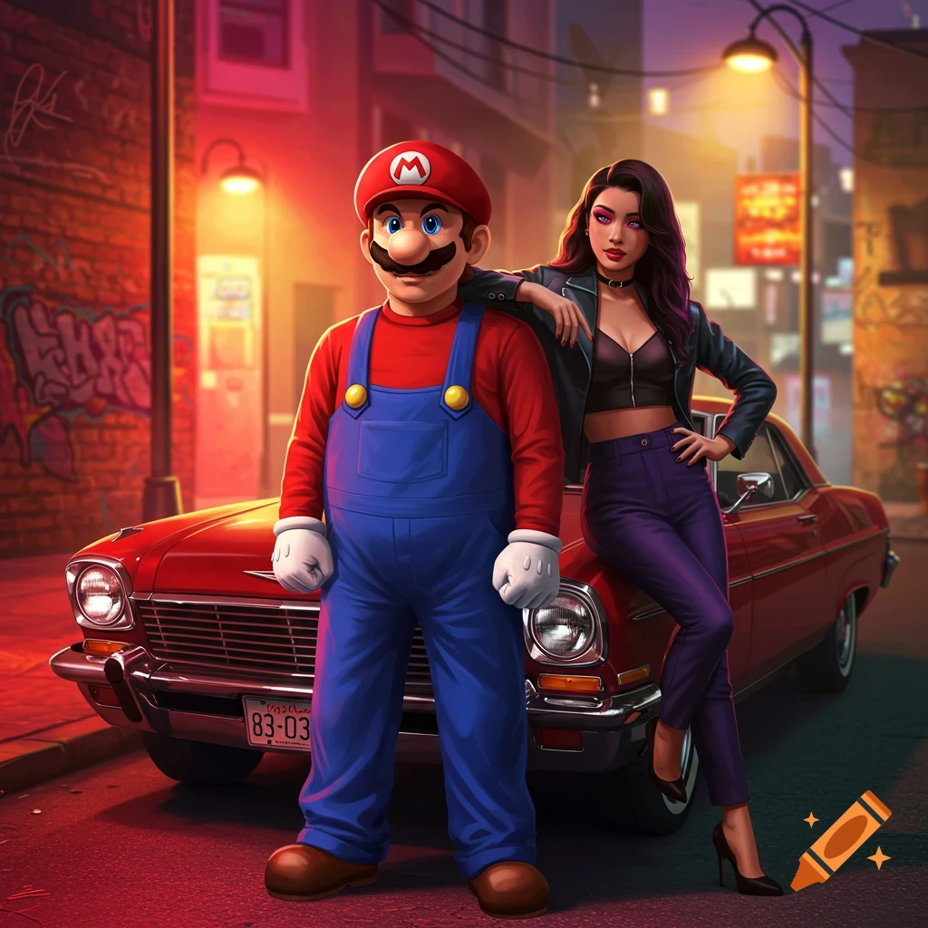 Mario and a woman in GTA style posing in front of a classic red car on a neon-lit city street at night.