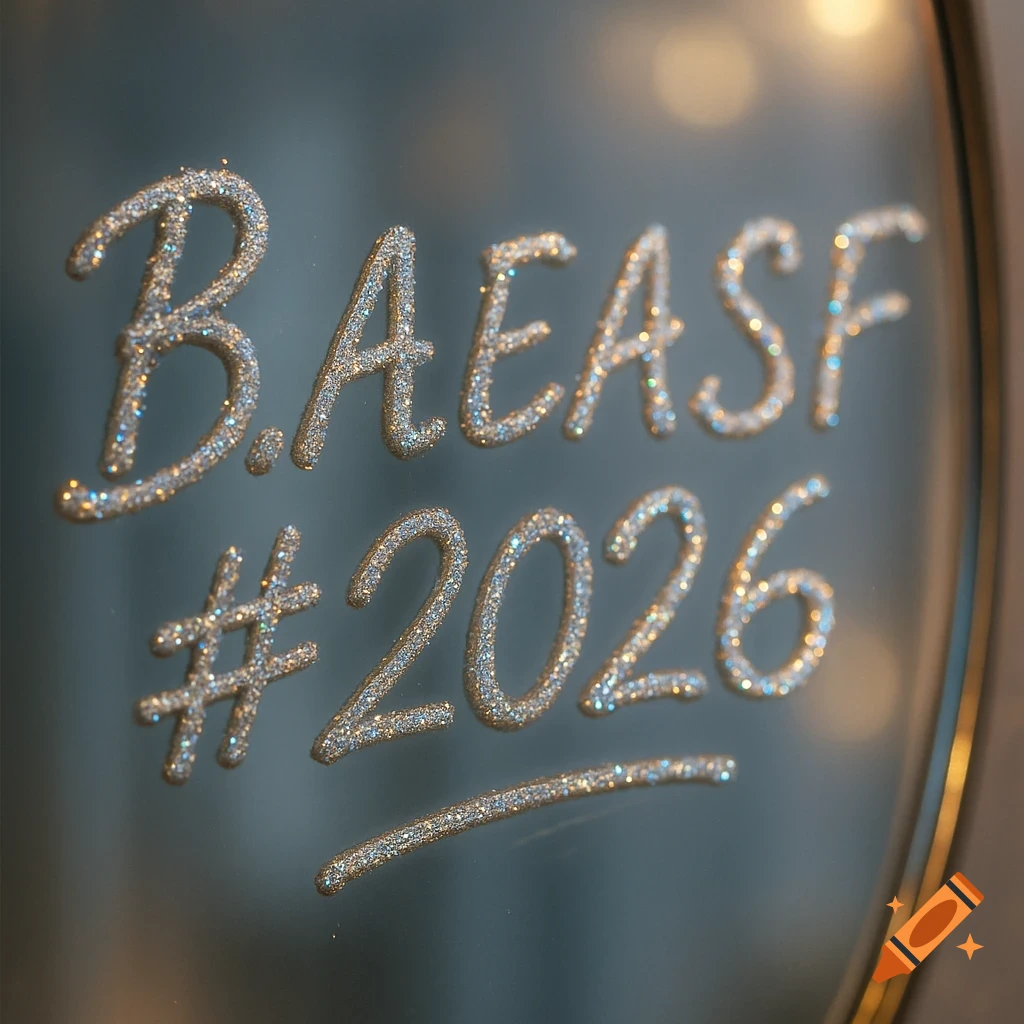 Close-up of sparkling silver glitter text 'B.A.E.A.S.F #2026' on a blurred mirror surface.
