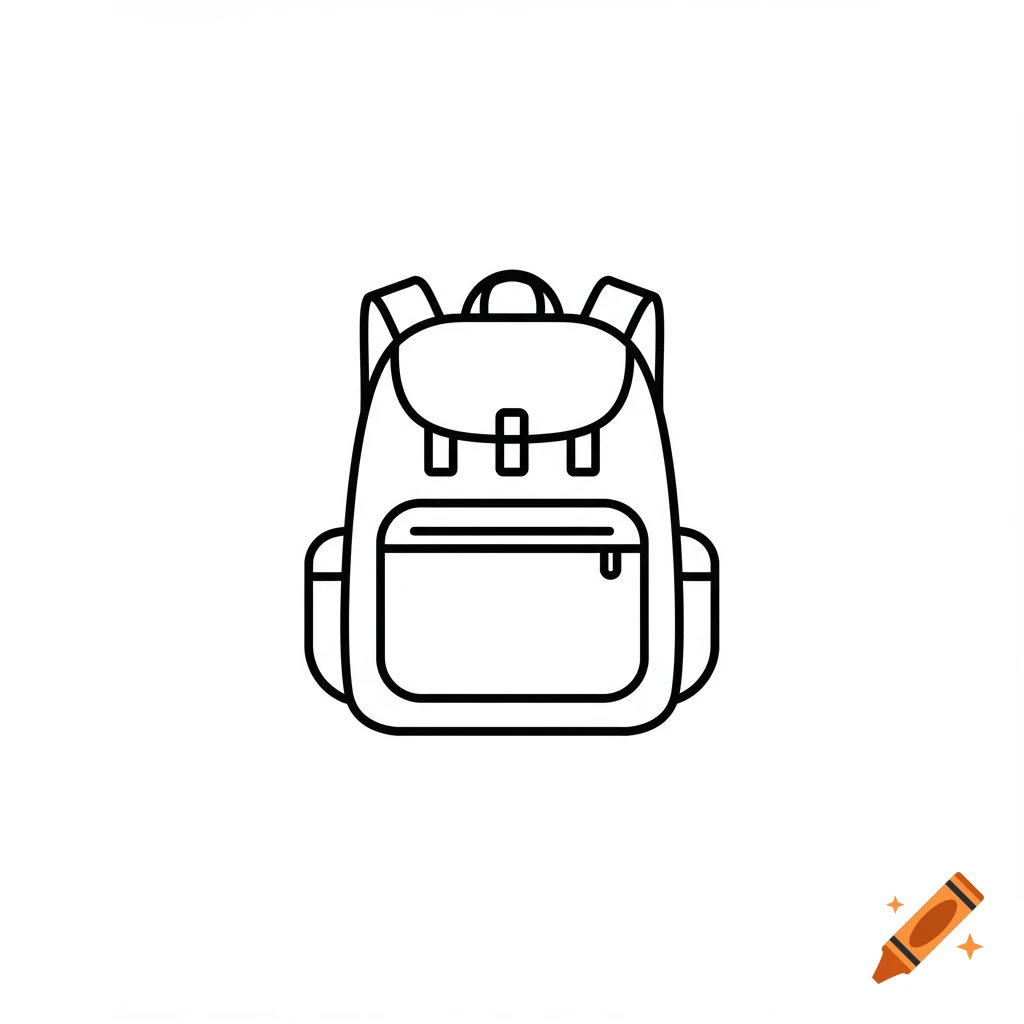 Monochrome line art icon of a backpack.