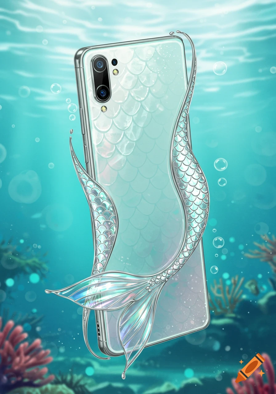 A metallic silver smartphone with a mermaid scale case and a shimmering tail fin, submerged underwater with bubbles and coral.
