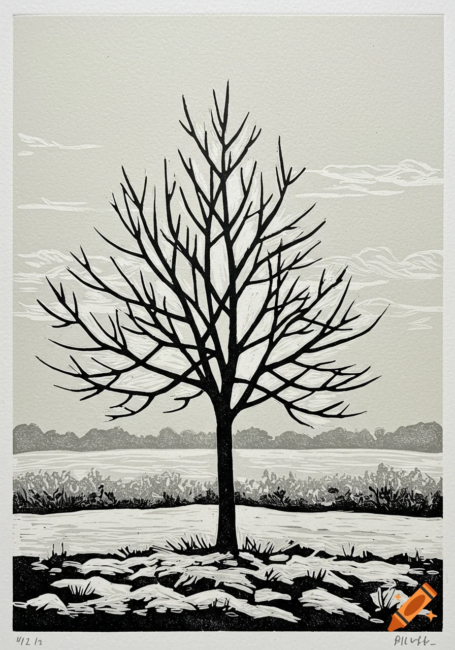 A stark linocut of a bare tree in a snowy winter landscape under a cloudy sky.
