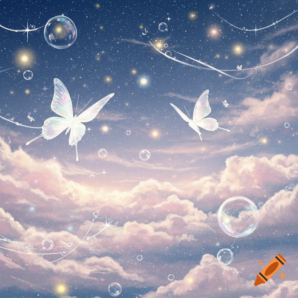 Two luminous, iridescent butterflies fly through a whimsical night sky filled with sparkling stars, soft pink and purple clouds, and glowing bubbles.