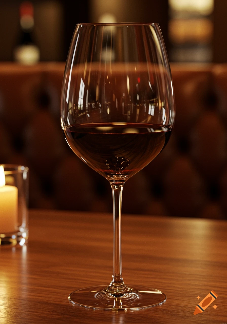 A photorealistic image of a glass of red wine on a wooden table, with a lit candle and a blurred restaurant background.